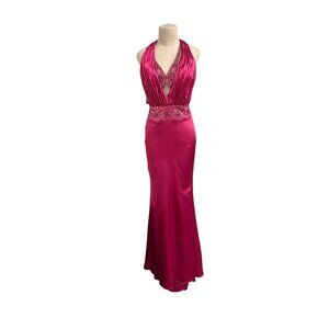 Vintage Mori Lee Madeline Gardner Magenta Gown Beaded Halter Designer Formal Ful